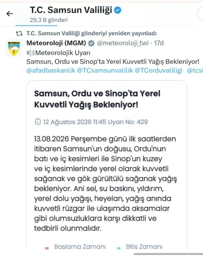 Samsun'a Kuvvetli Yağış Geliyor: Meteoroloji Saat Bile Verdi! 13 ağustos  Samsun Hava Durumu